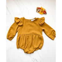 Rhodes Ruffle Bubble Romper in Dusty Mustard-Rompers-Bailey's Blossoms-3-6 M-bluebird baby & kids