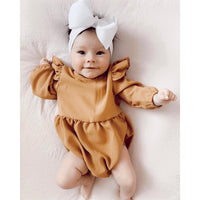 Rhodes Ruffle Bubble Romper in Dusty Mustard-Rompers-Bailey's Blossoms-3-6 M-bluebird baby & kids