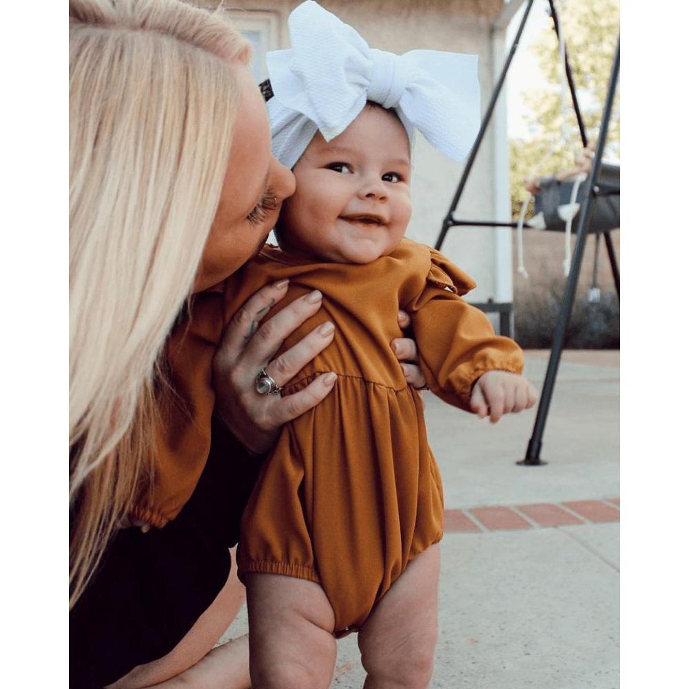Rhodes Ruffle Bubble Romper in Dusty Mustard-Rompers-Bailey's Blossoms-3-6 M-bluebird baby & kids