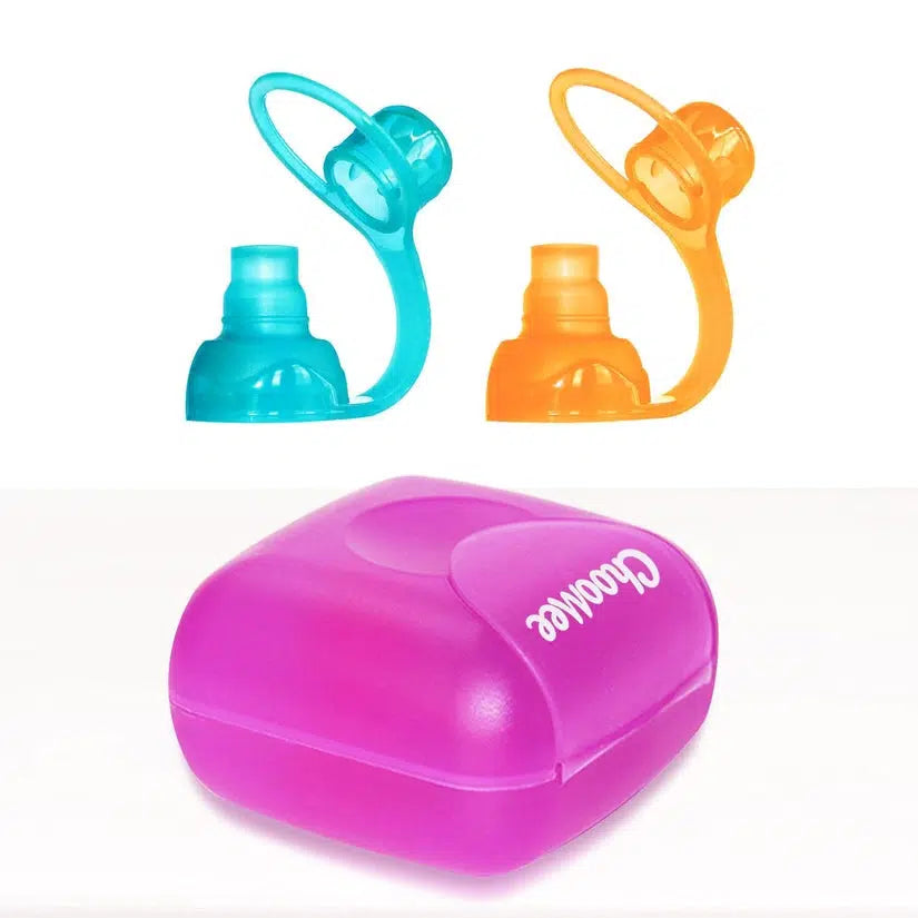SoftSip Food Pouch Top + Travel Case-Nursing & Feeding-ChooMee-Orange & Aqua with purple case-bluebird baby & kids