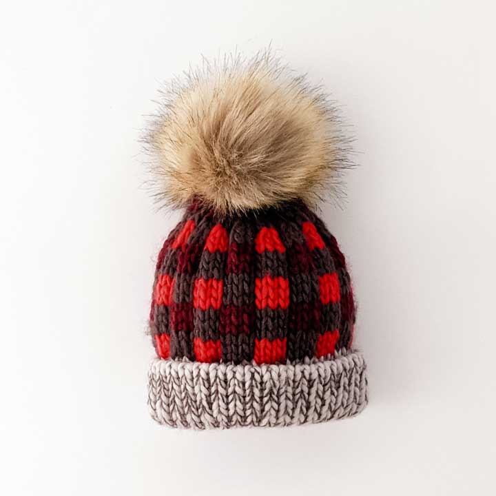 Red Buffalo Check Pom Pom Beanie Hat-Hats-Huggalugs-Newborn-bluebird baby & kids