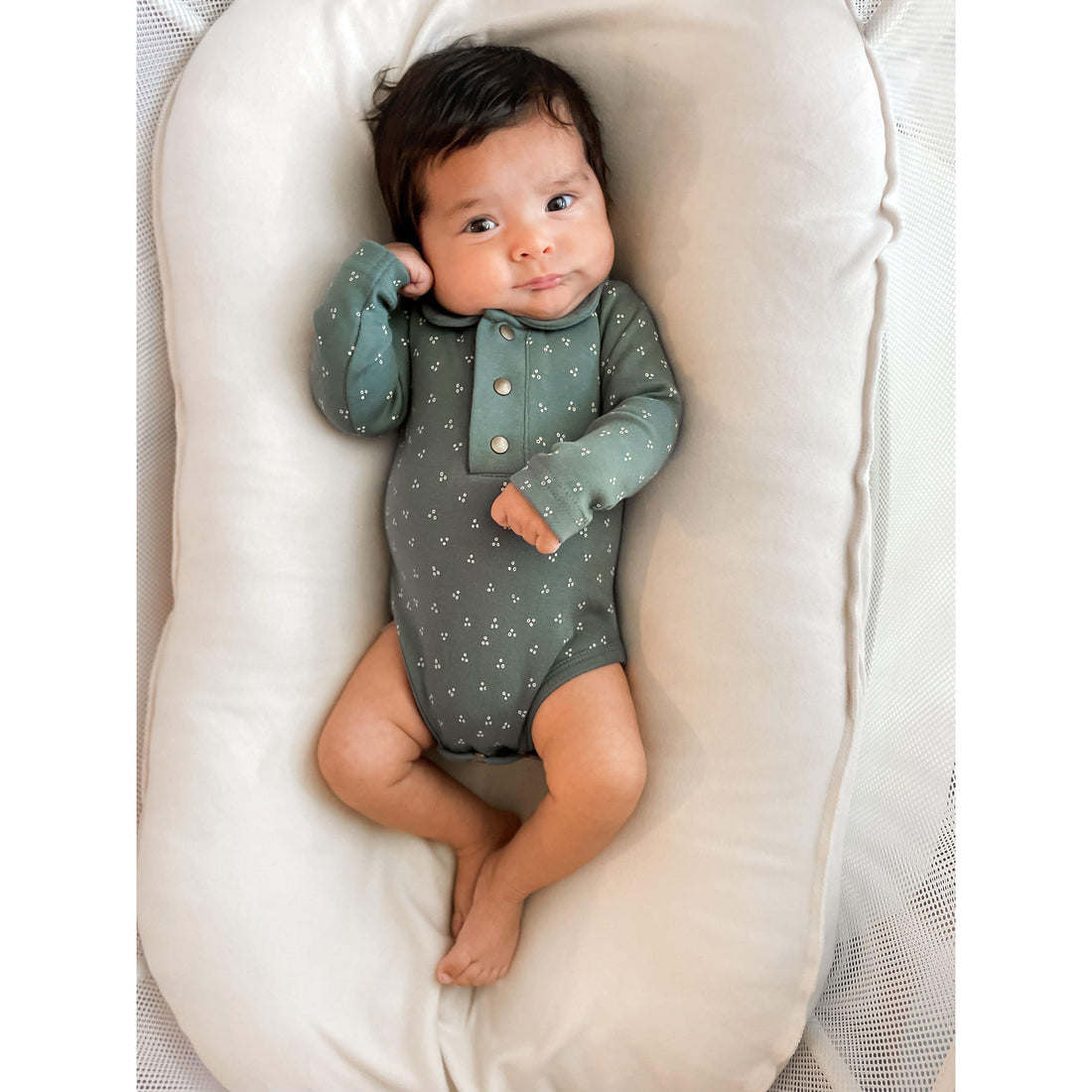 Organic Spruce Green Dots Polo Bodysuit-Bodysuits-Loved Baby-0-3 M-bluebird baby & kids